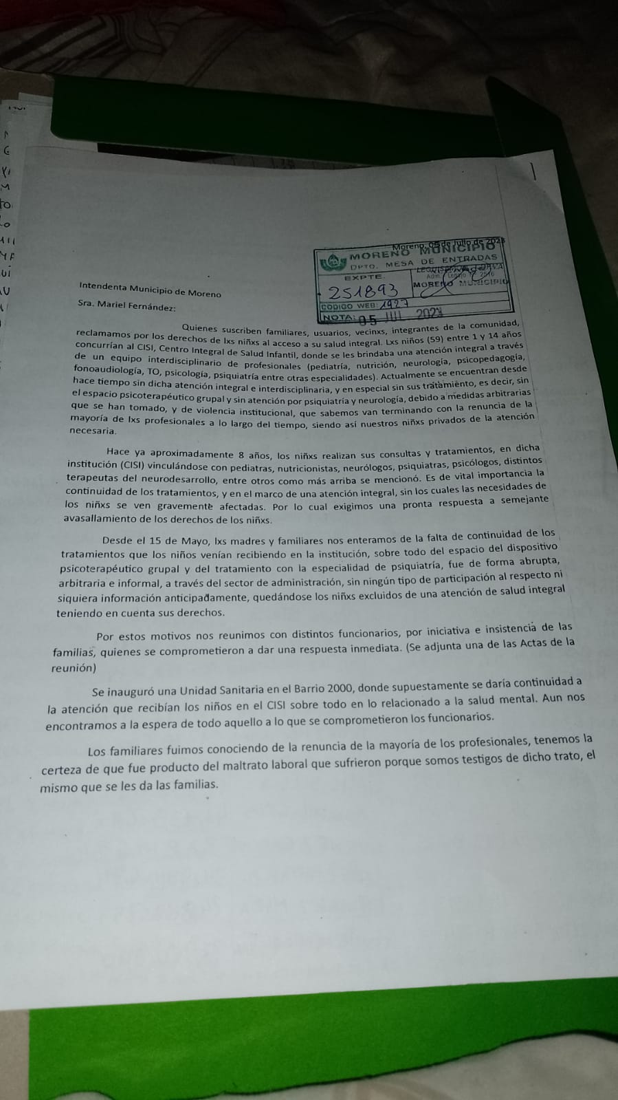 Lorena comentó a este medio que "nosotros tenemos niños con discapacidad, eran atendidos en Moreno".