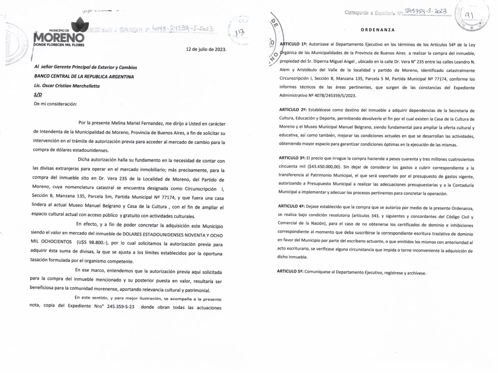 Ordenanza con documento municipal de Moreno.