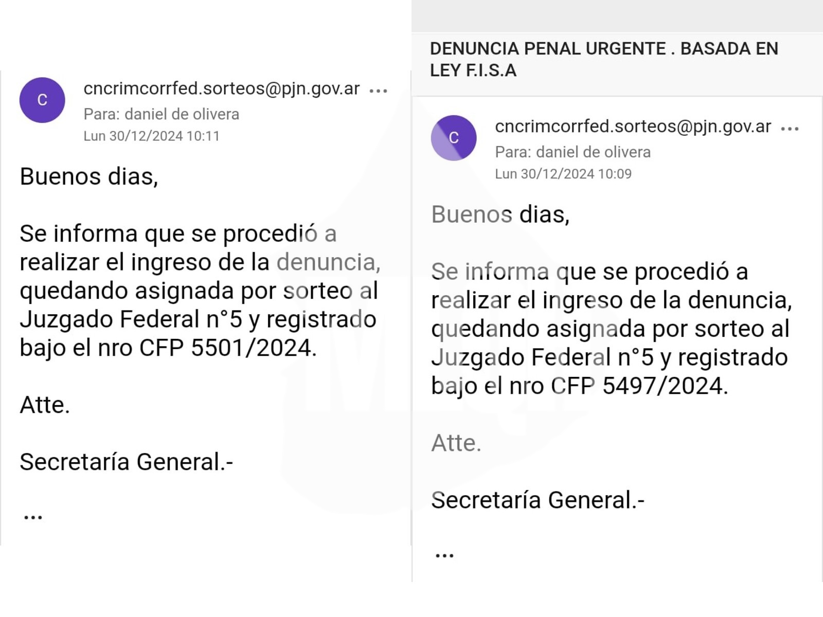 Correos sobre presentación de denuncias en la Justicia Federal. (Foto: Moreno es lo que hay)