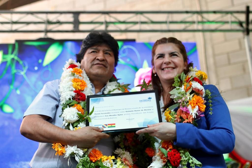 El ex dictador boliviano Evo Morales y la intendente Mariel Fernández.