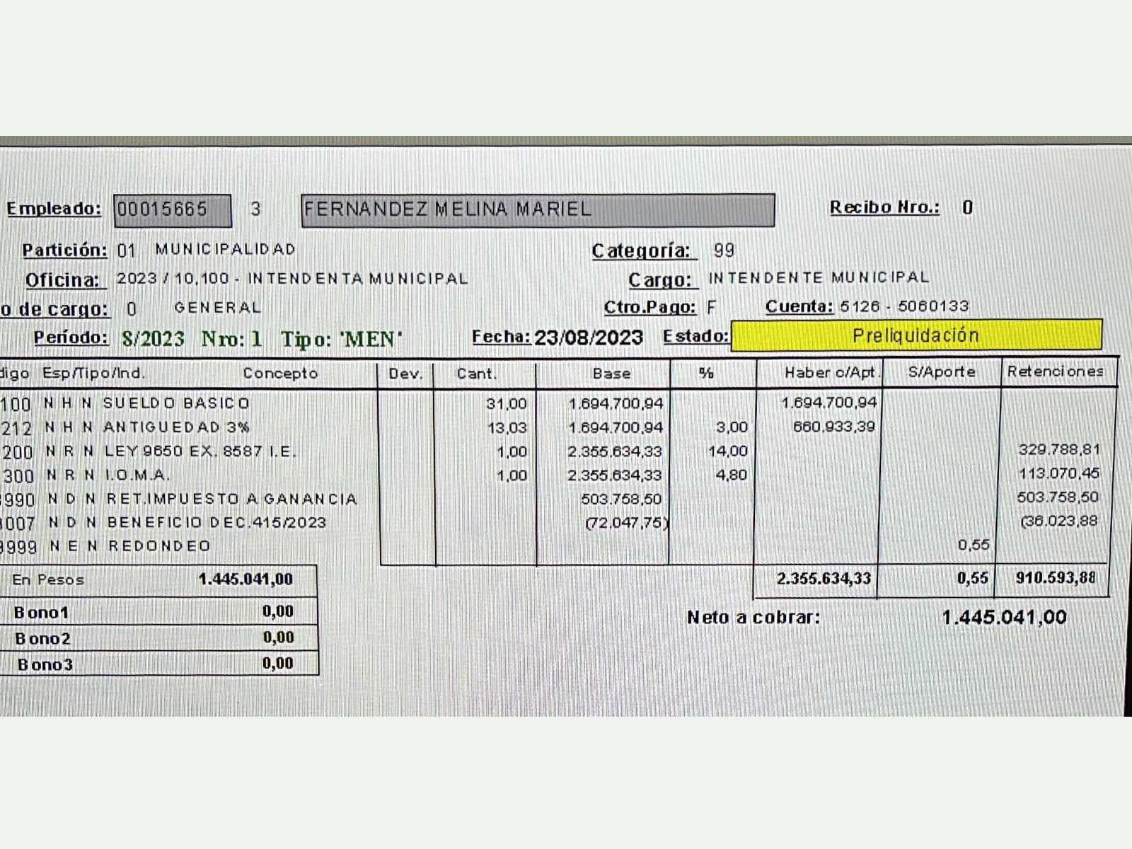 El recibo de sueldo de la intendente bonaerense Mariel Fernández de Moreno.