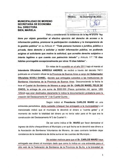 El documento emitido, contando la situación de los bomberos.