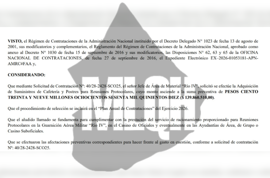 Una contratación para insumos de cafetería y postres fue avalada por la administración que dirige Carlos Presti