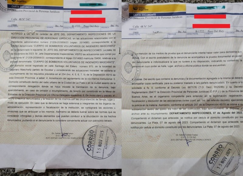 Carta documento con el que intentan intimar a un vecino de Moreno.