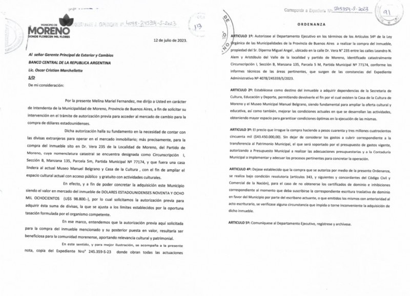 Ordenanza con documento municipal de Moreno.