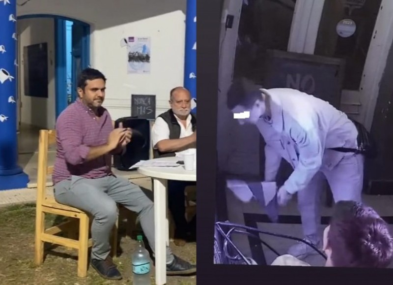 A la izquierda, una imagen de Santiago Altube (secretario del intendente Ustarroz) junto a Marcelo Heredia (ex juez camporista) y, del lado derecho, el joven escrachado por el local.